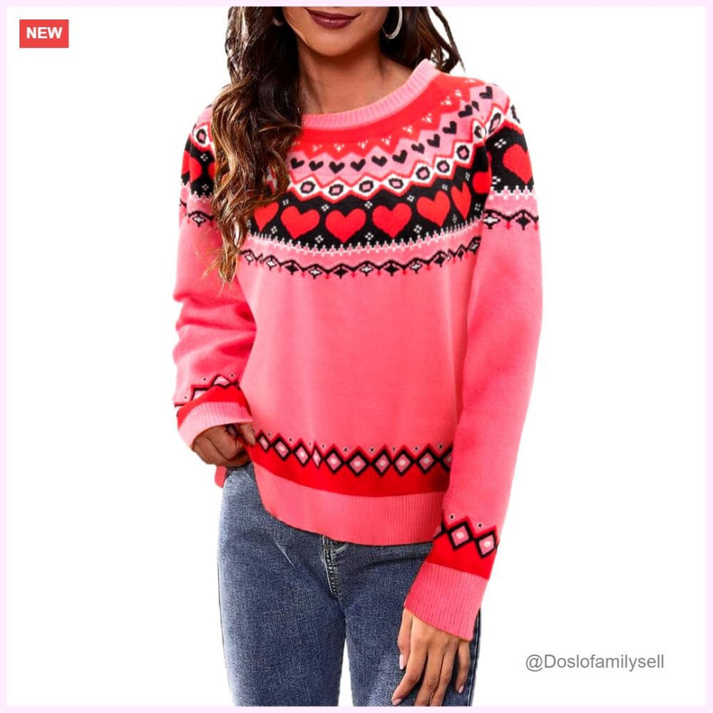 Heart Pattern Knitted Pullover Sweater Oversized … - image 1